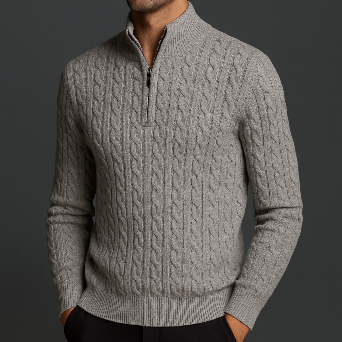 Quarter Zip Sweater with Relaxed Knit Fit and Cable Pattern - Image 4