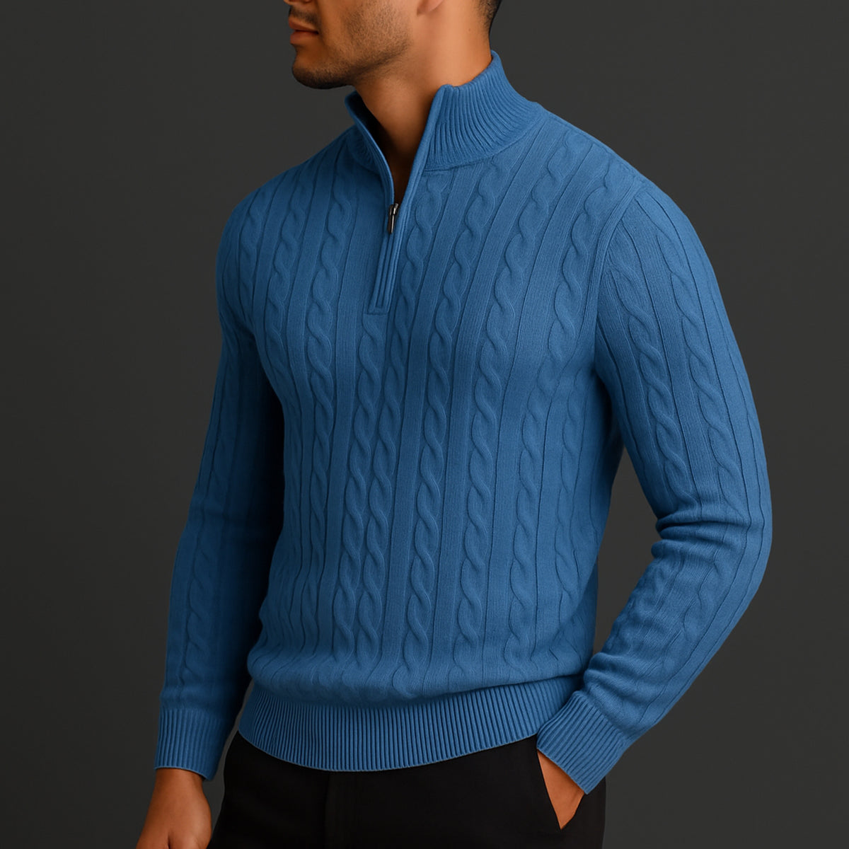 Quarter Zip Sweater with Relaxed Knit Fit and Cable Pattern - Image 5
