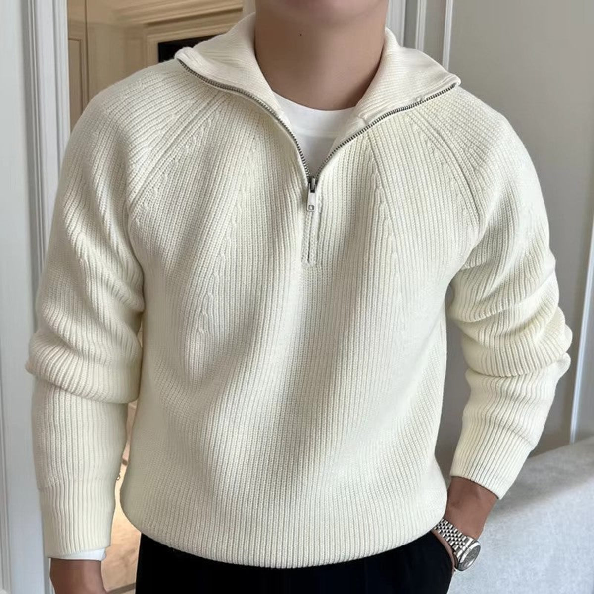 Quarter Zip Sweater with Relaxed Knit Fit and Long Sleeves - Image 1
