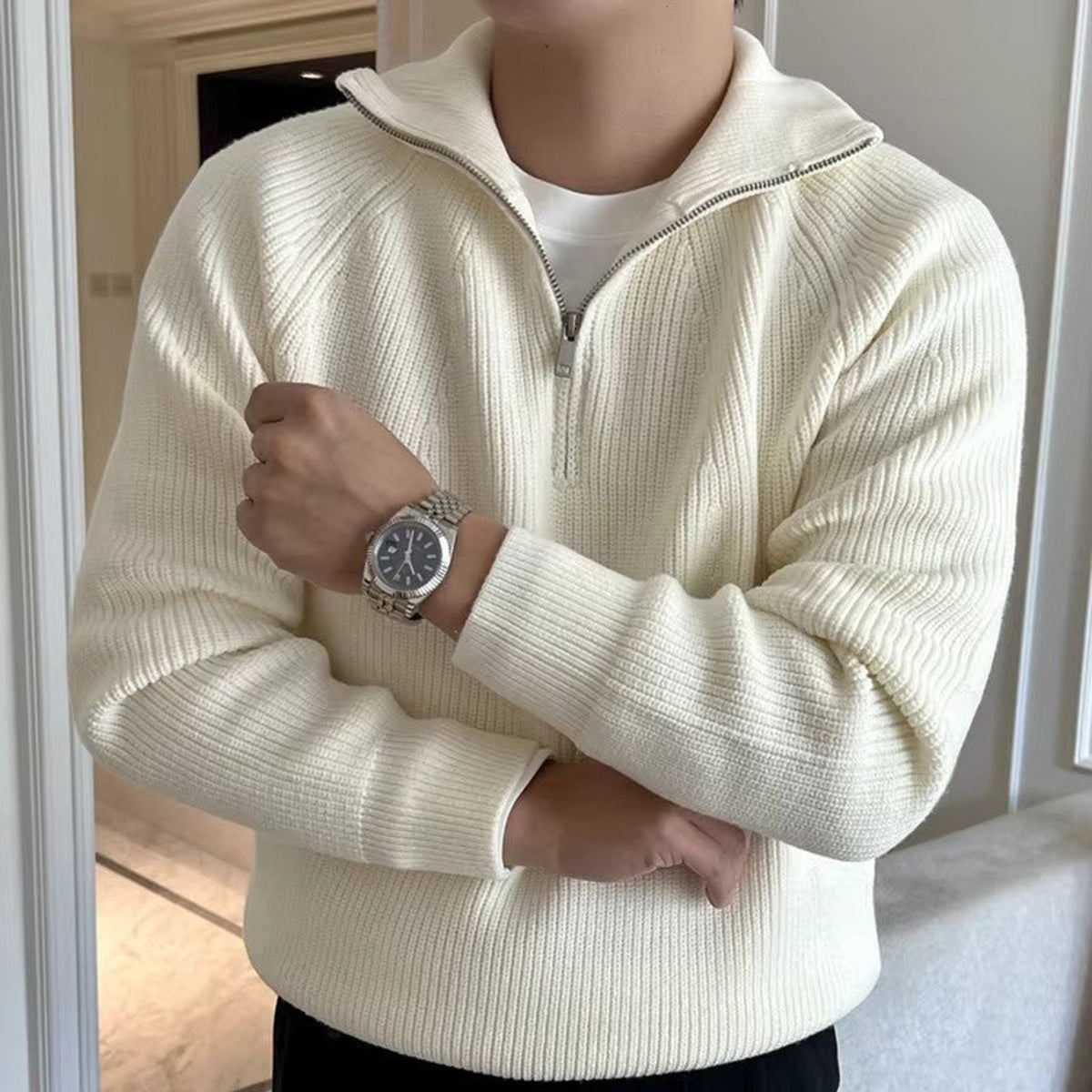 Quarter Zip Sweater with Relaxed Knit Fit and Long Sleeves - Image 4