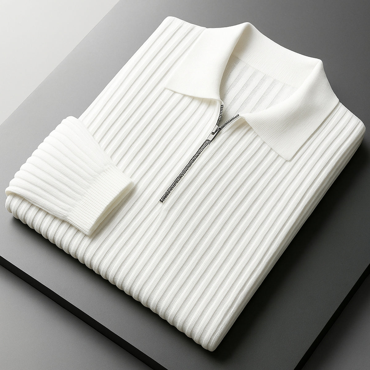 Quarter Zip Sweater with Streamlined Ribbed Knit and Collar - Image 1