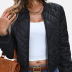 Quilted Bomber Jacket with Streamlined Cropped Fit and Diamond-Stitch - Image 3