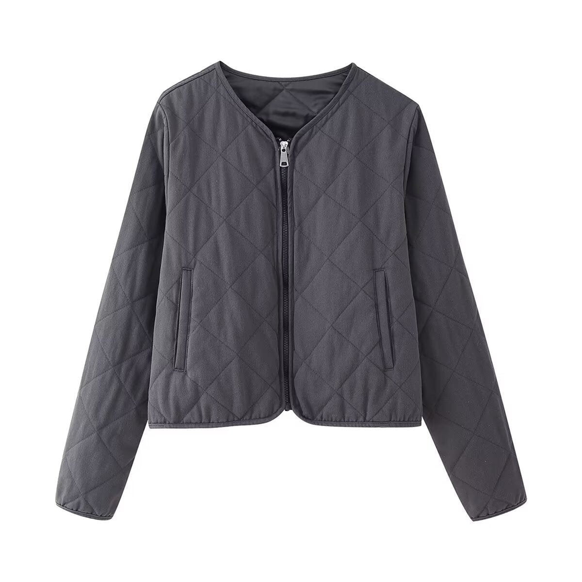 Quilted Bomber Jacket with Streamlined Cropped Fit and V-Neckline - Image 1