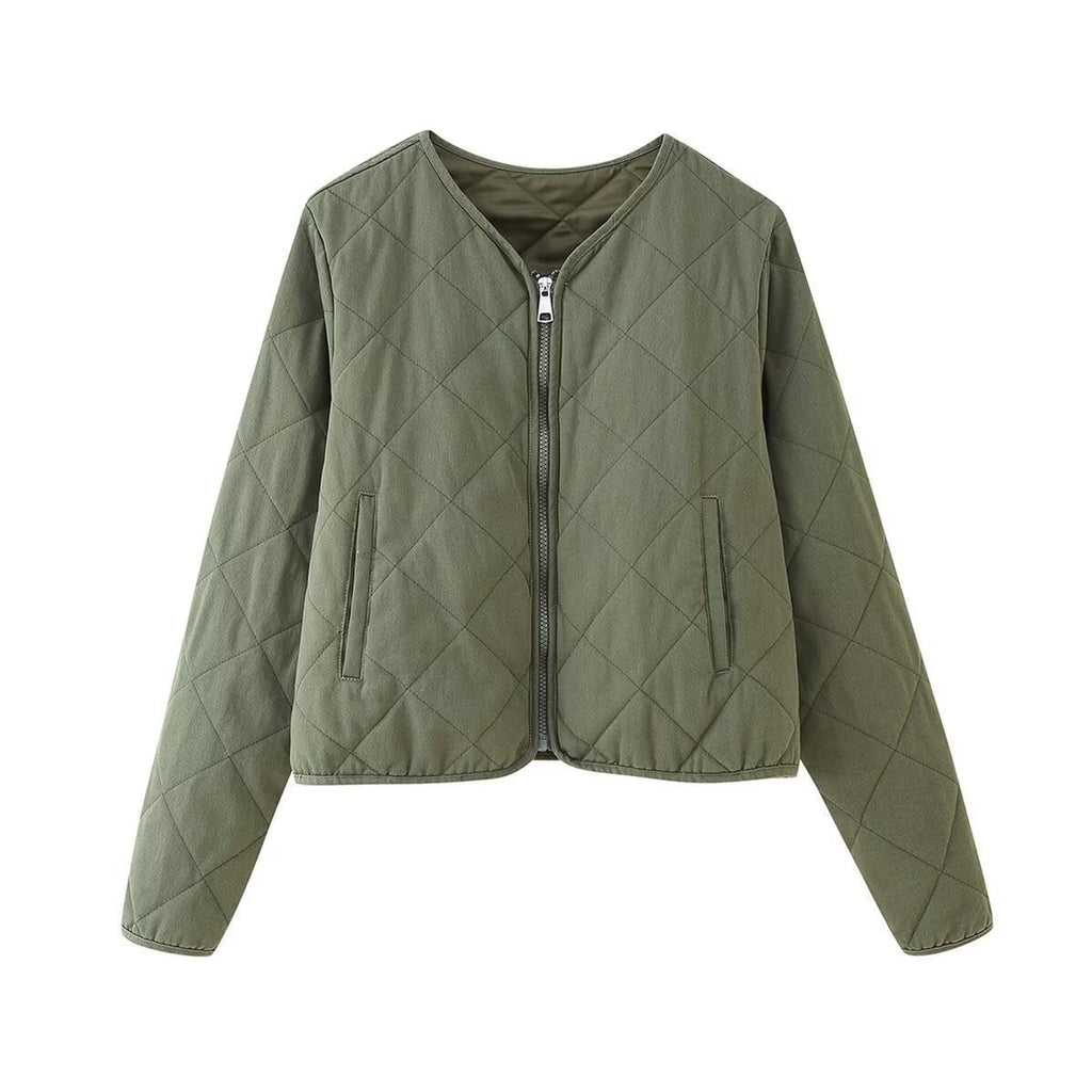 Quilted Bomber Jacket with Streamlined Cropped Fit and V-Neckline - Image 2
