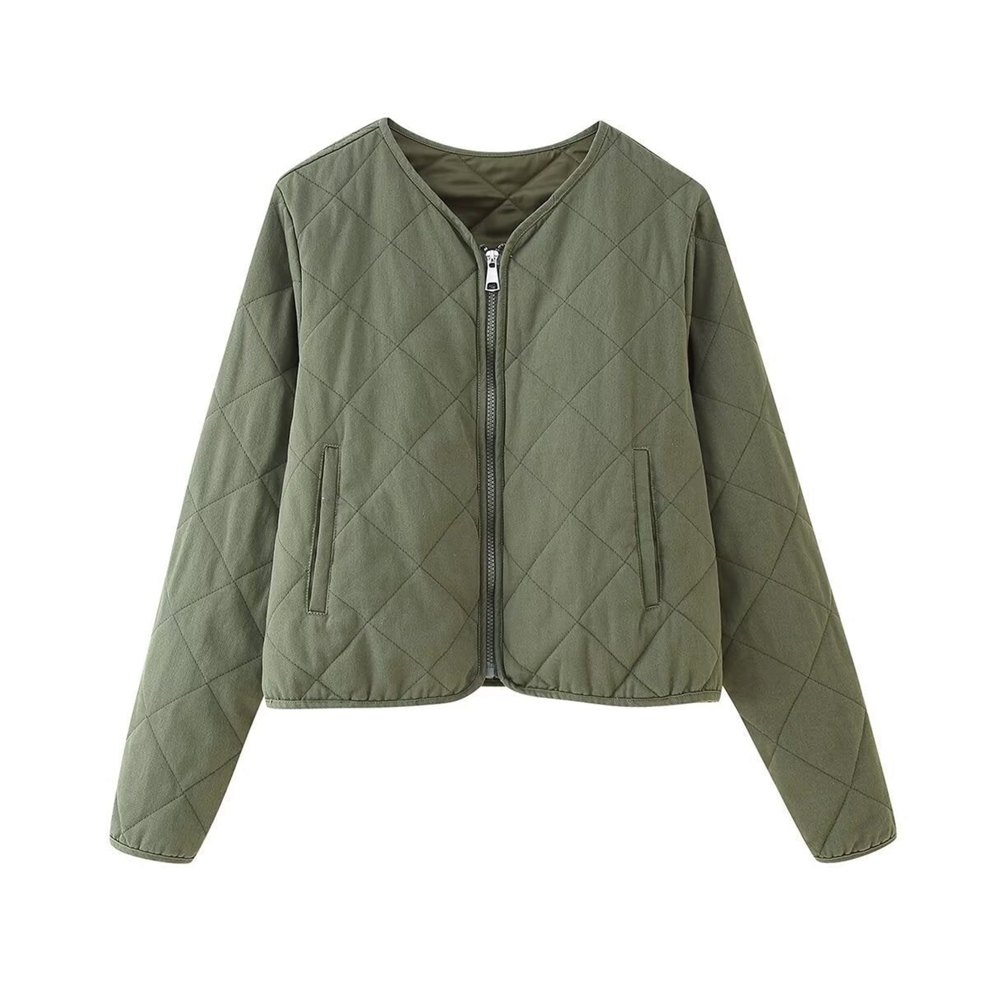 Quilted Bomber Jacket with Streamlined Cropped Fit and V-Neckline - Image 2