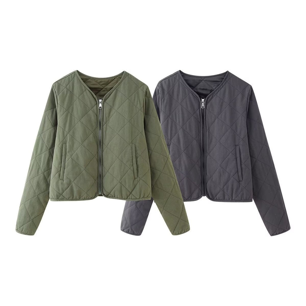 Quilted Bomber Jacket with Streamlined Cropped Fit and V-Neckline - Image 4