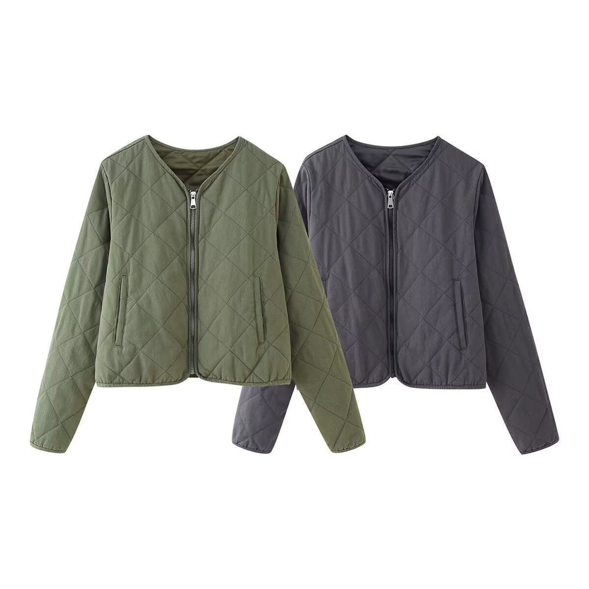 Quilted Bomber Jacket with Streamlined Cropped Fit and V-Neckline - Image 4