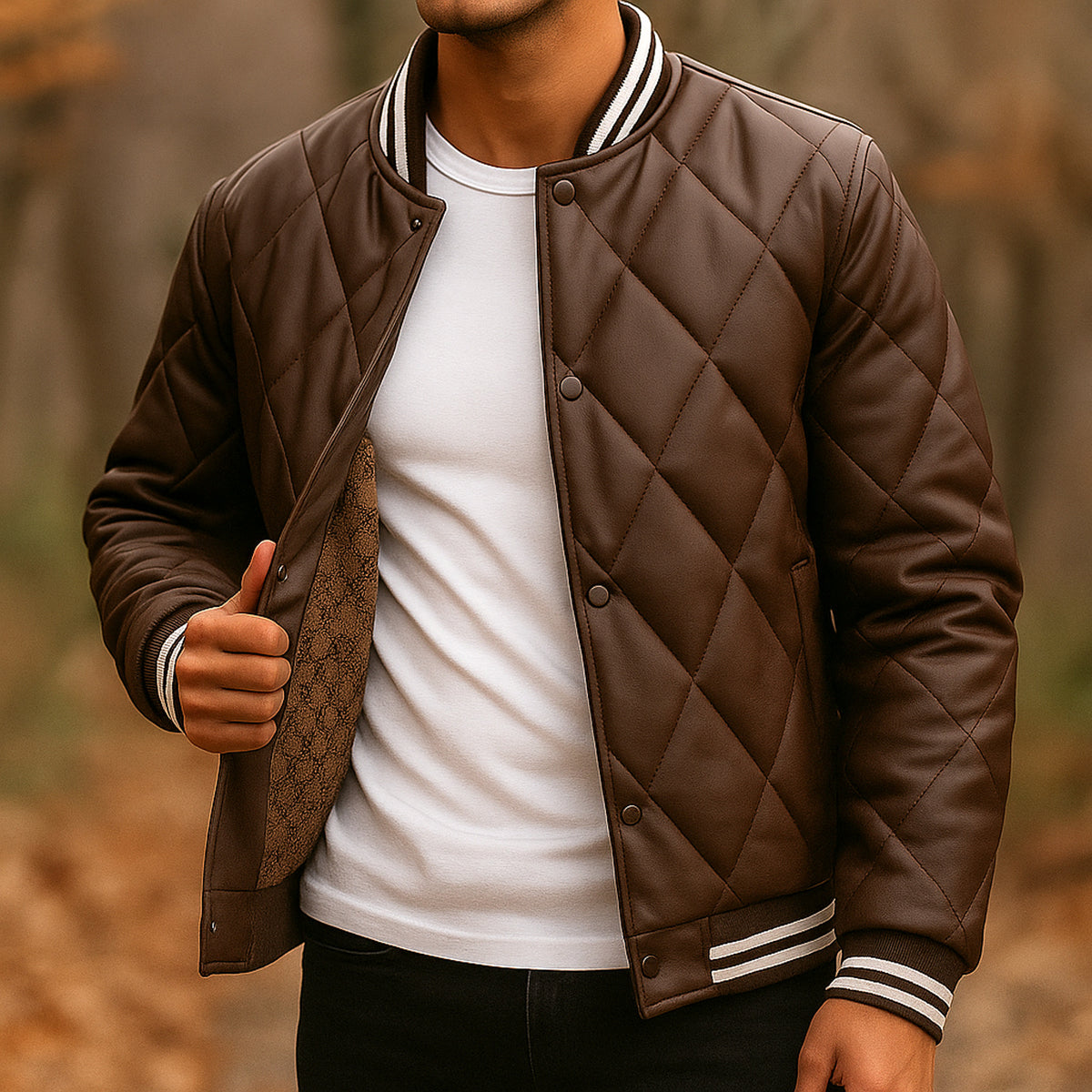 Quilted Leather Jacket with Secure Bomber Fit and Snap-Front - Image 2