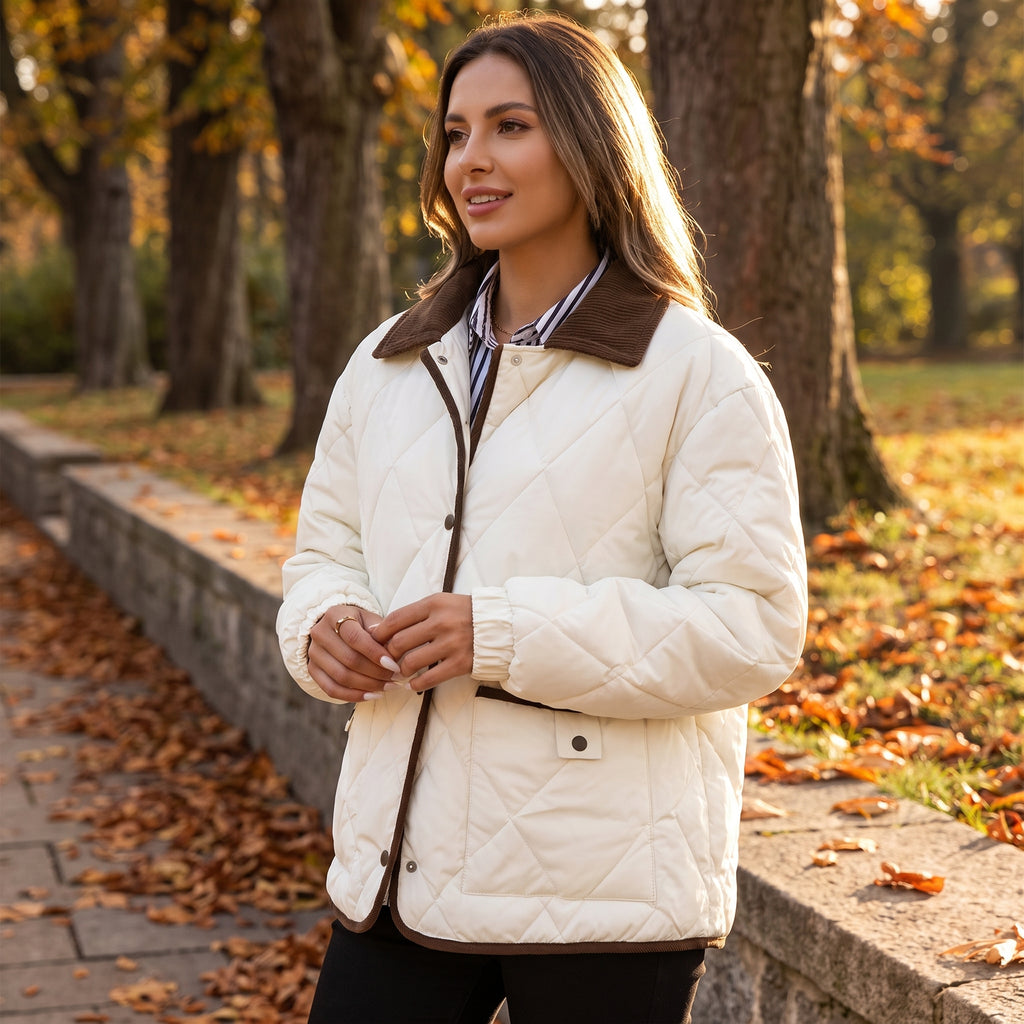 Quilted Puffer Jacket with Supportive Short Coat and Diamond Trim - in-use