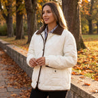 Quilted Puffer Jacket with Supportive Short Coat and Diamond Trim - in-use