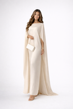 NOVA | Women's Satin Blend Maxi Dress | Luxury Evening Gown with Cape Sleeves & Flowing Silhouette