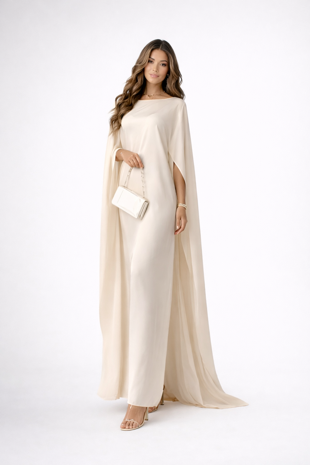 NOVA | Women's Satin Blend Maxi Dress | Luxury Evening Gown with Cape Sleeves & Flowing Silhouette