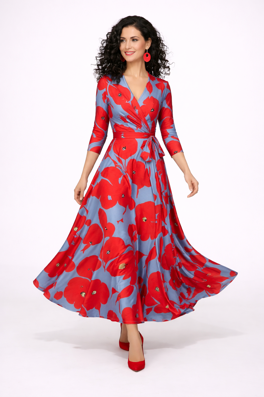 NOVA | Floral Wrap Maxi Dress – V-Neck Blue & Red