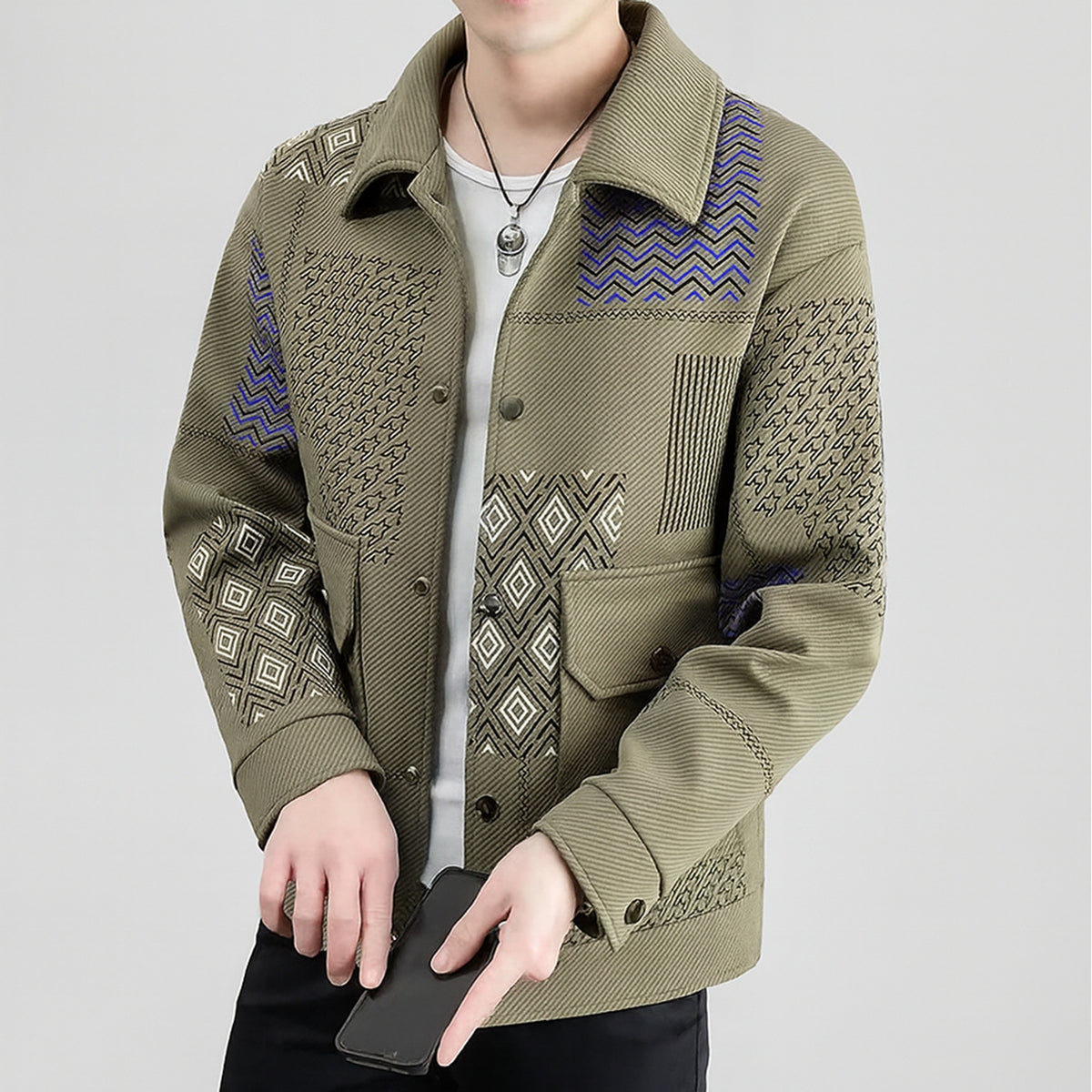 Retro Jacket with Relaxed Patchwork Fit and Folding Collar - Image 5