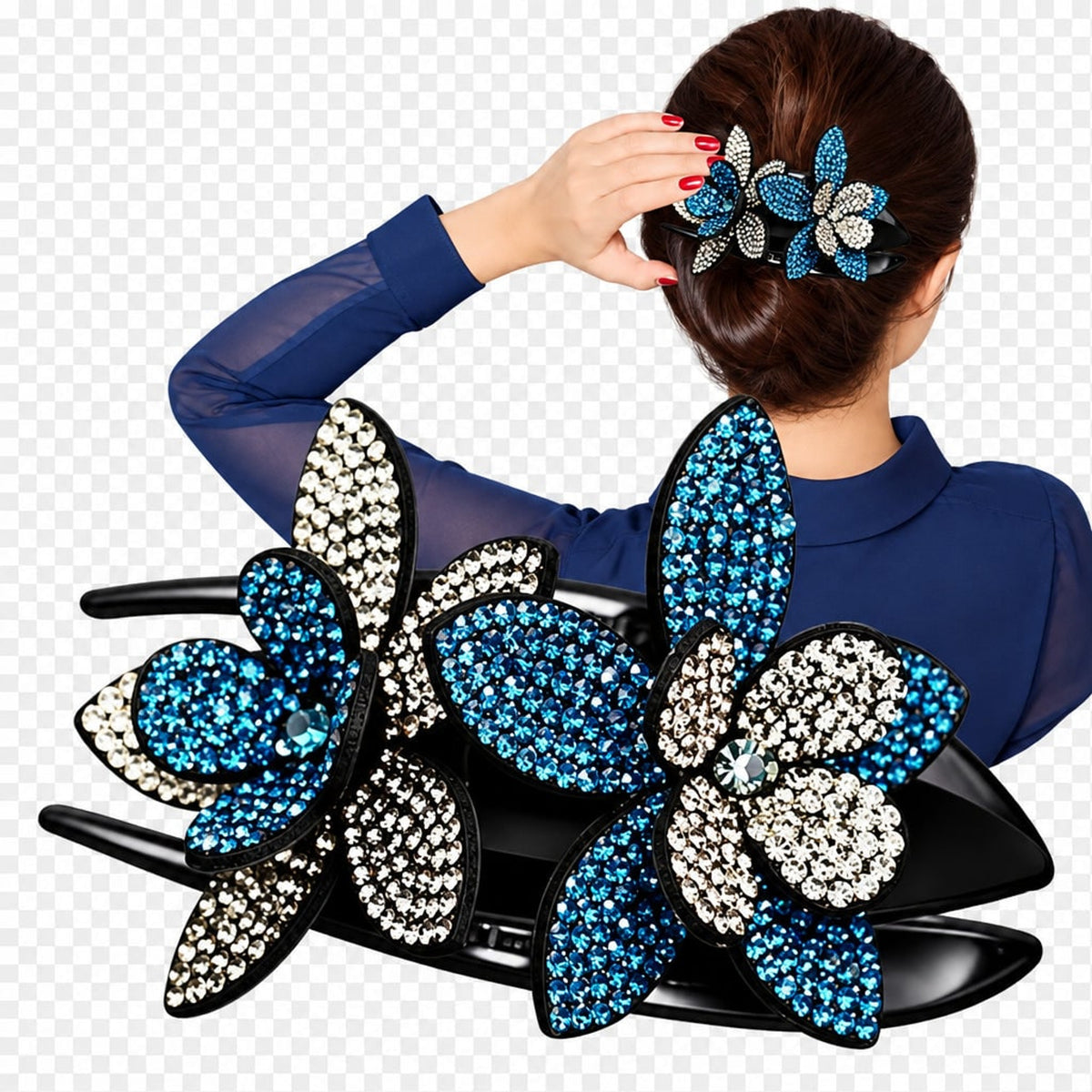 Rhinestone & Pearl Leather-Padded Double Flower Hair Clip - Image 1