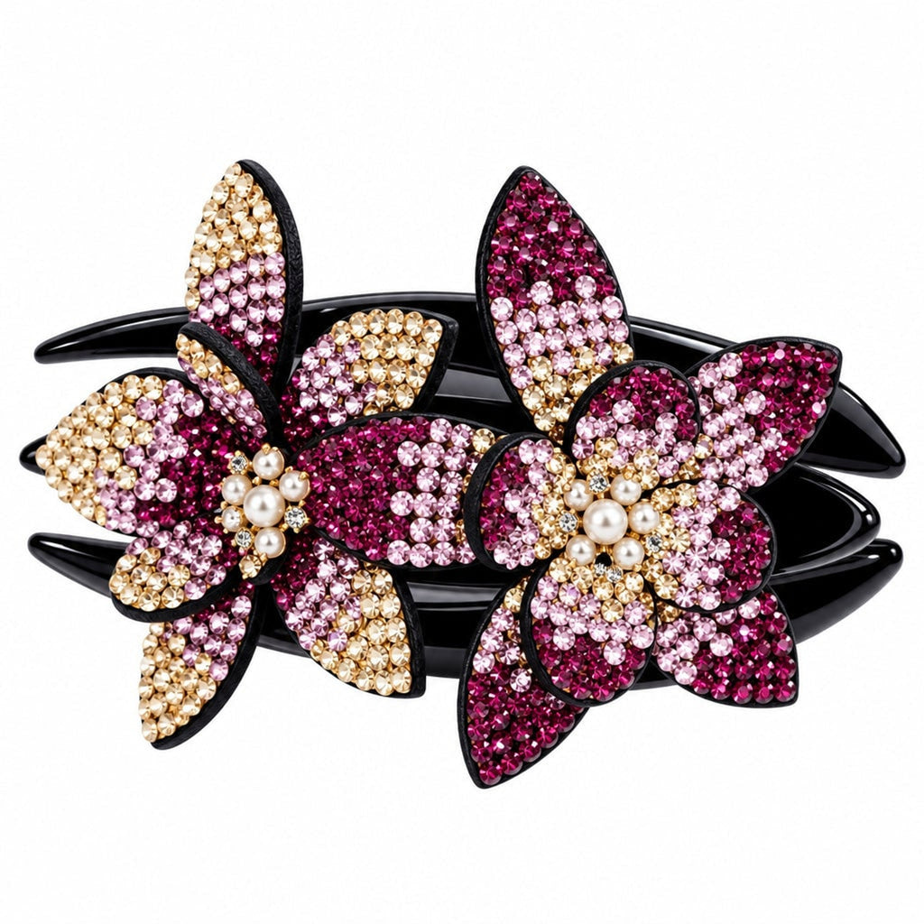 Rhinestone & Pearl Leather-Padded Double Flower Hair Clip - Image 3