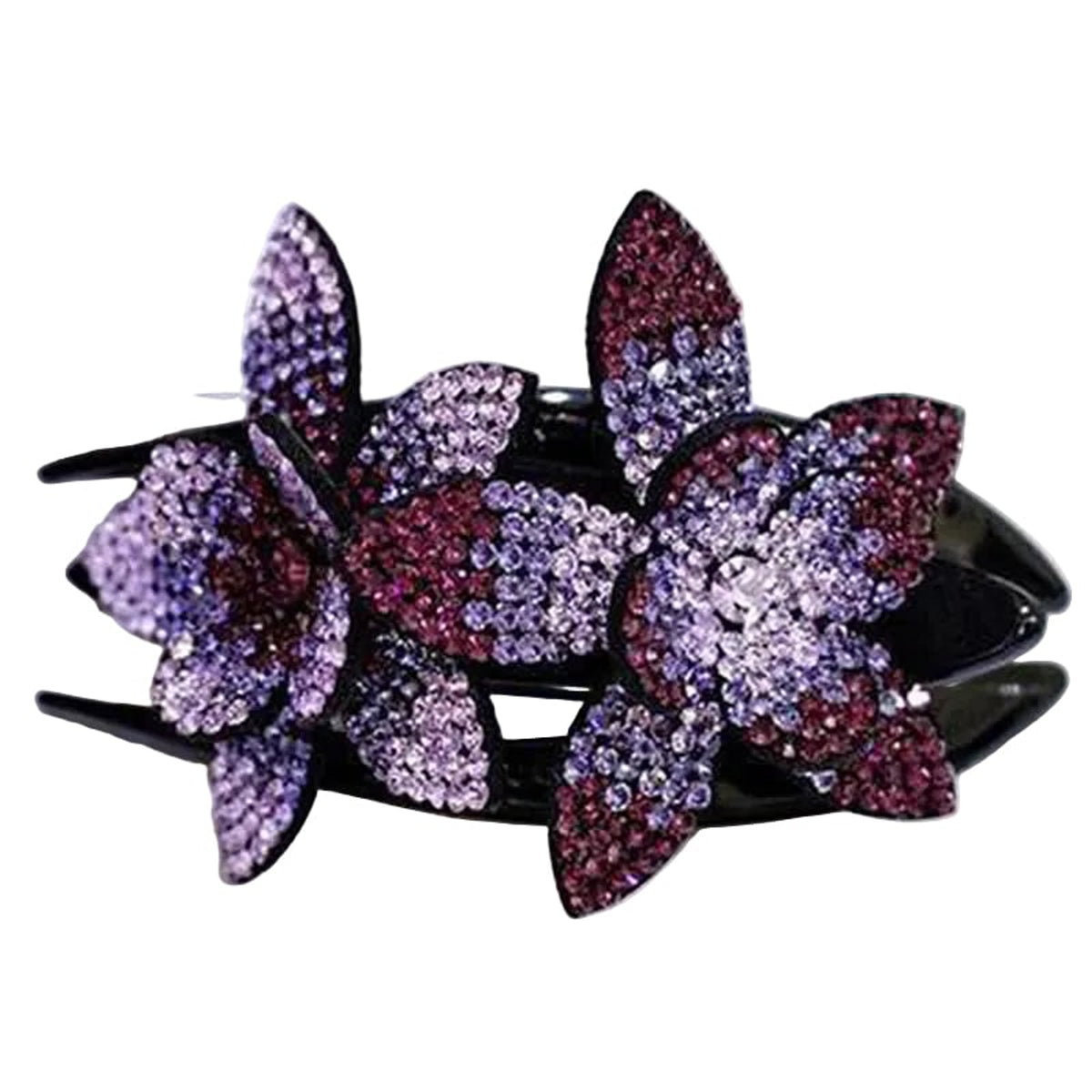 Rhinestone & Pearl Leather-Padded Double Flower Hair Clip - Image 4