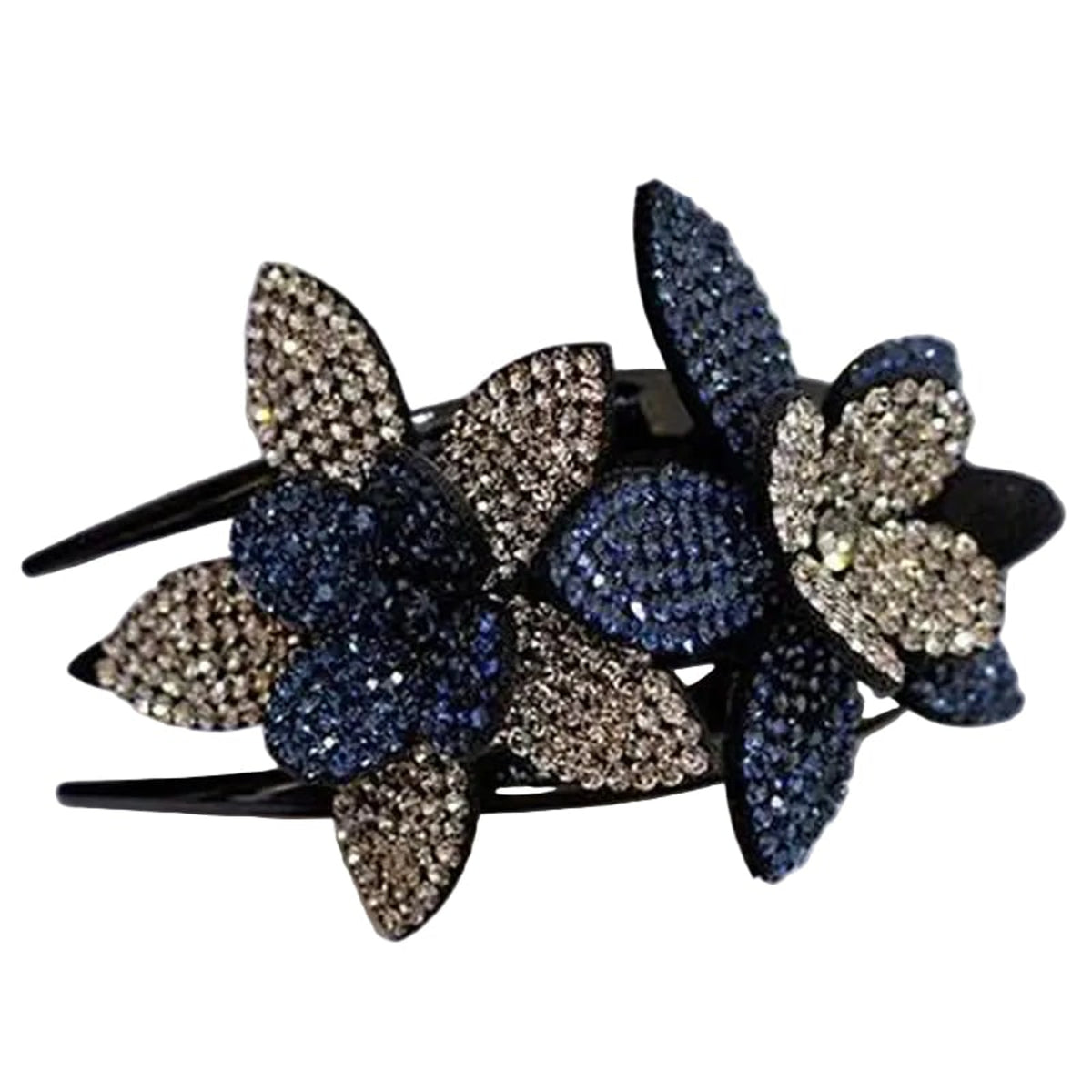 Rhinestone & Pearl Leather-Padded Double Flower Hair Clip - Image 5