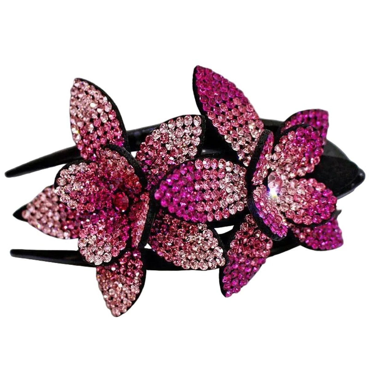 Rhinestone & Pearl Leather-Padded Double Flower Hair Clip - Image 6