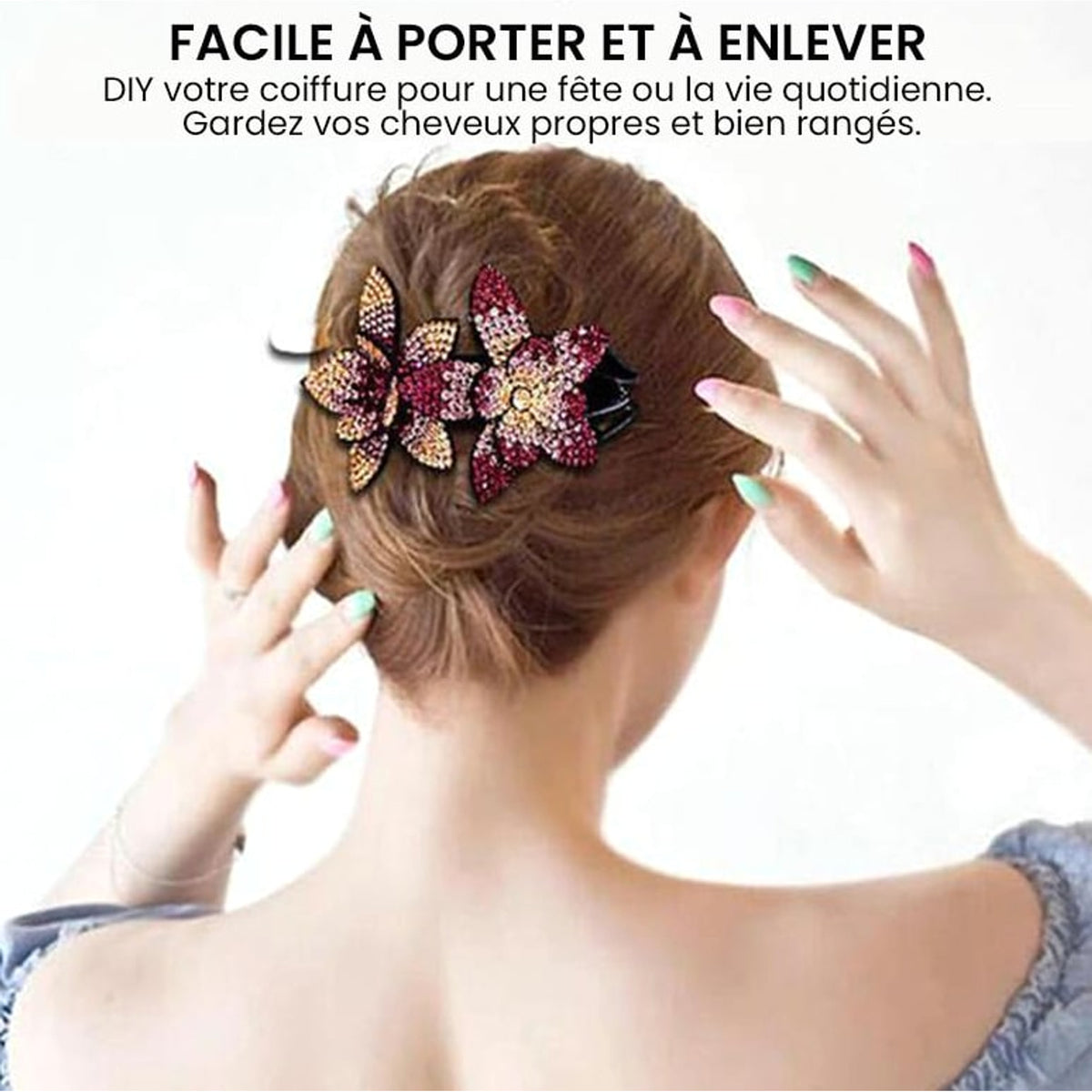 Rhinestone & Pearl Leather-Padded Double Flower Hair Clip - Image 9