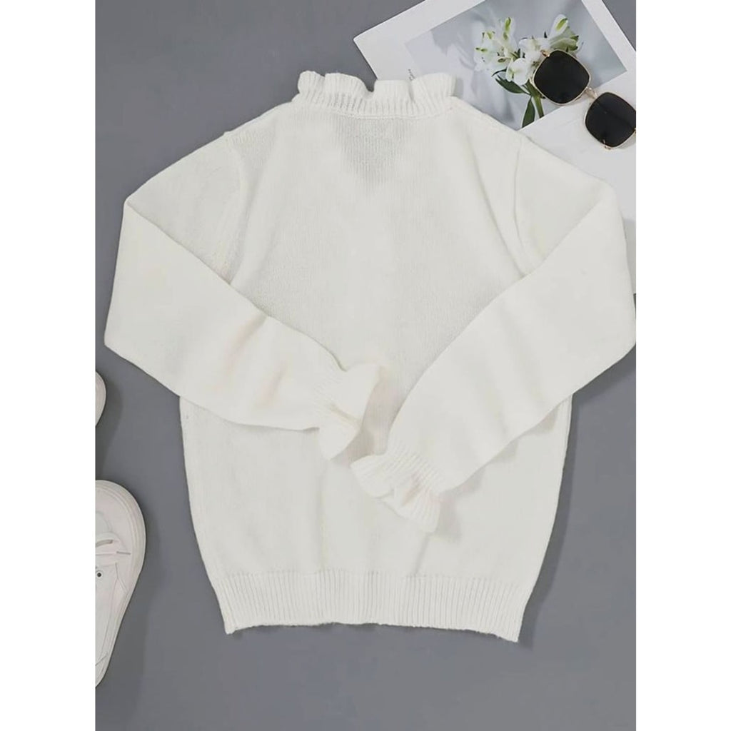 Ruffle Blouse with Relaxed Knit Cardigan and Ruffled Neckline - Image 2