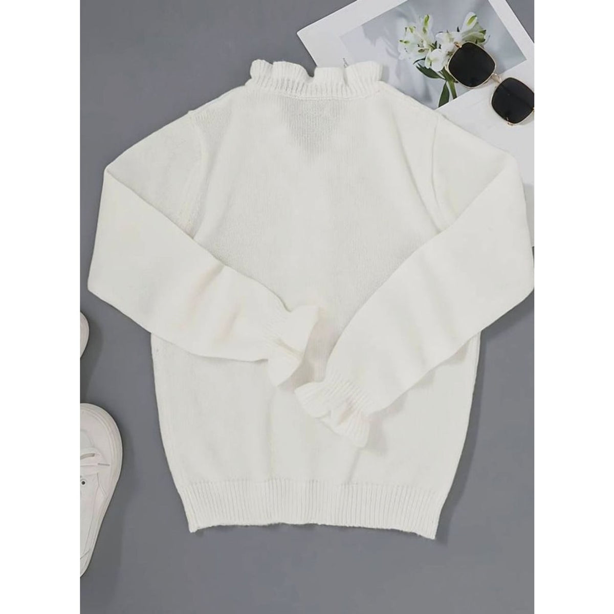 Ruffle Blouse with Relaxed Knit Cardigan and Ruffled Neckline - Image 2