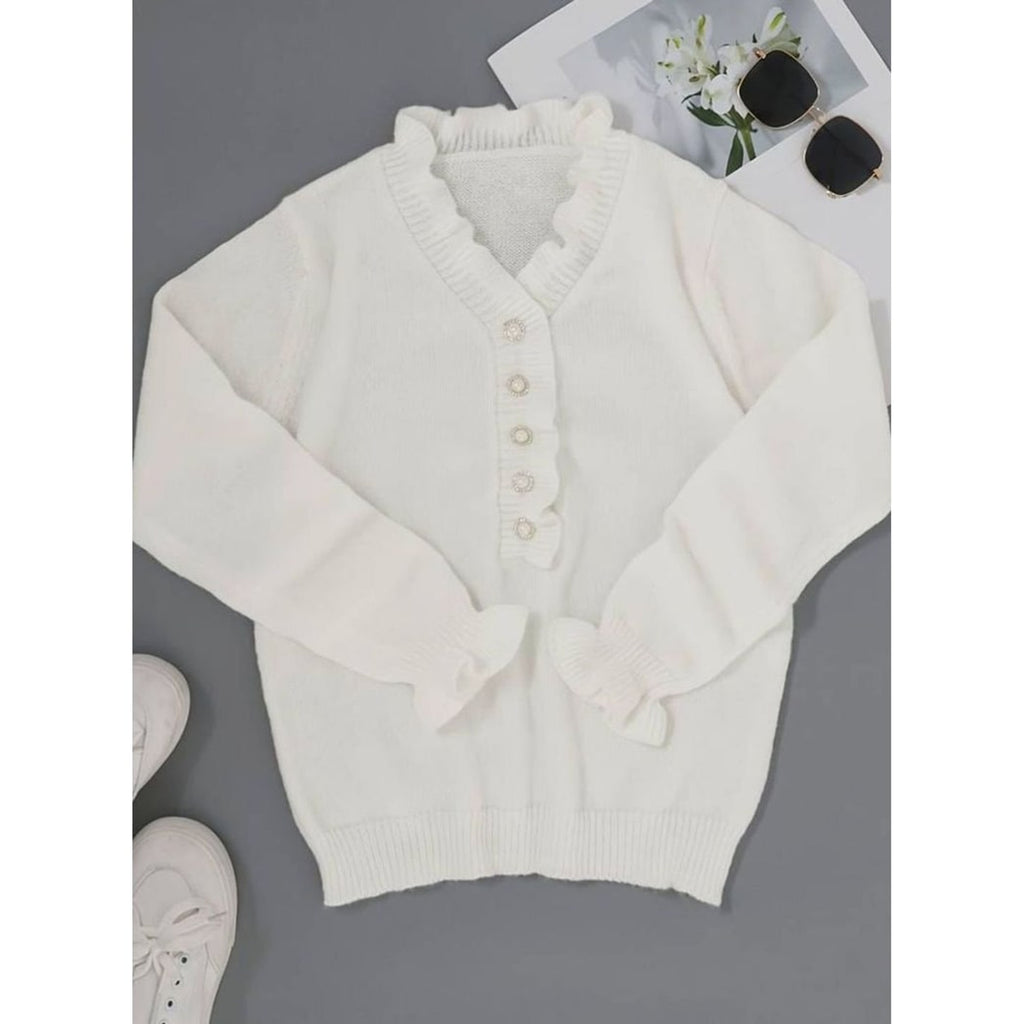 Ruffle Blouse with Relaxed Knit Cardigan and Ruffled Neckline - Image 3