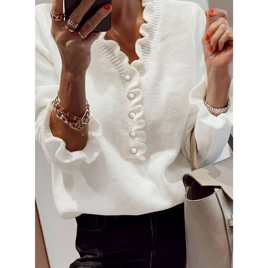 Ruffle Blouse with Relaxed Knit Cardigan and Ruffled Neckline - Image 1