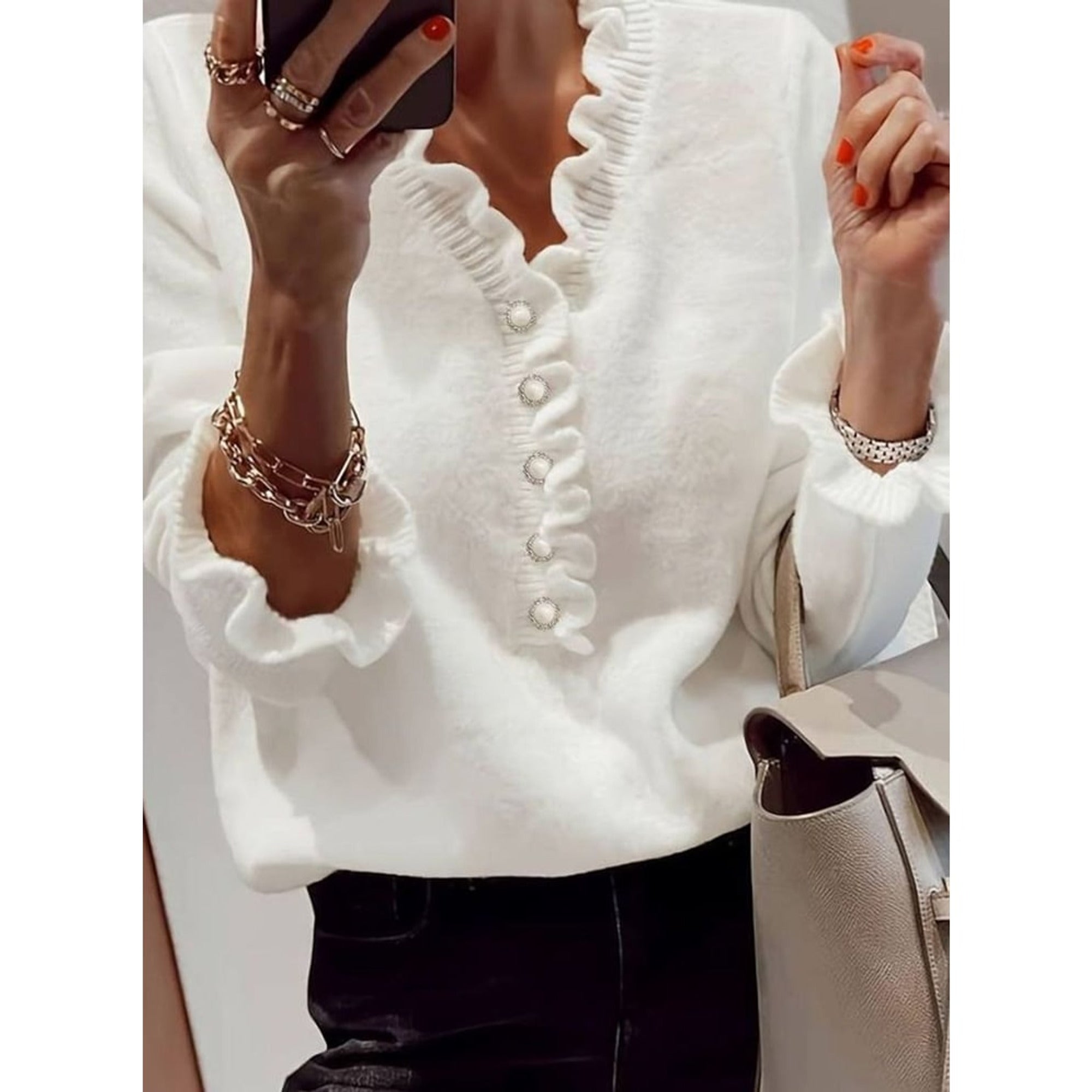 Ruffle Blouse with Relaxed Knit Cardigan and Ruffled Neckline - Image 1