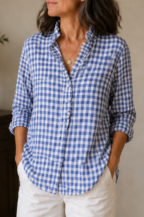 Ruffle Collar Blouse with Relaxed Fit and Checked Pattern - Image 2