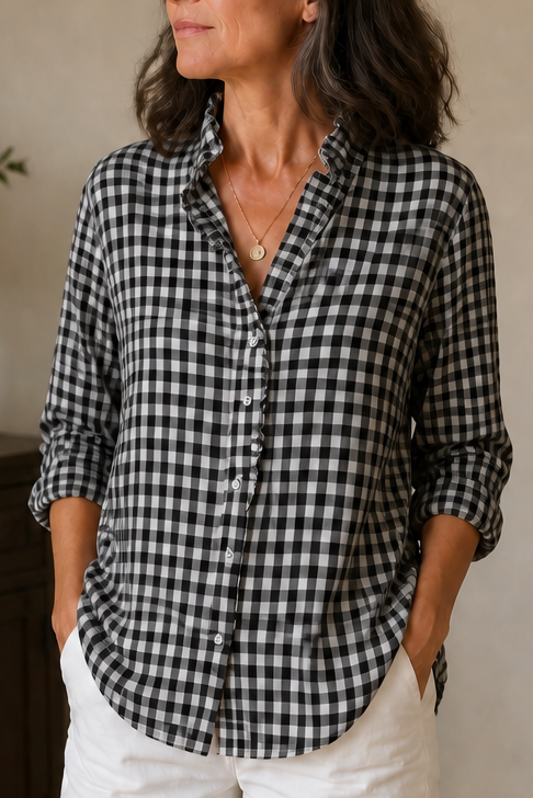 Ruffle Collar Blouse with Relaxed Fit and Checked Pattern - Image 3