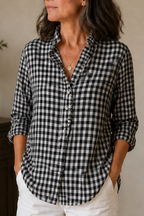 Ruffle Collar Blouse with Relaxed Fit and Checked Pattern - Image 3