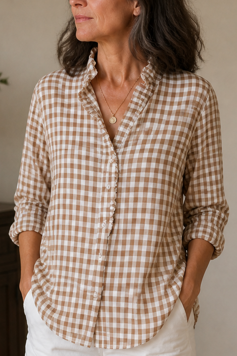 Ruffle Collar Blouse with Relaxed Fit and Checked Pattern - Image 4