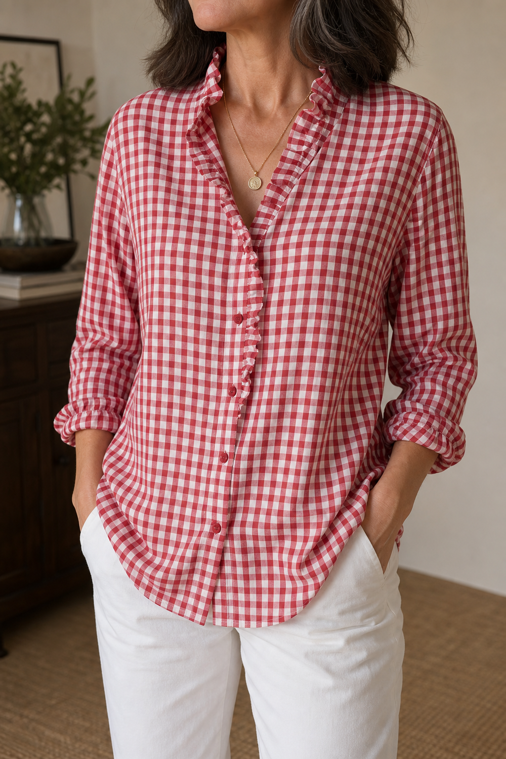 Ruffle Collar Blouse with Relaxed Fit and Checked Pattern - Image 5