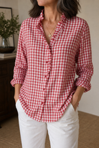Ruffle Collar Blouse with Relaxed Fit and Checked Pattern - Image 5