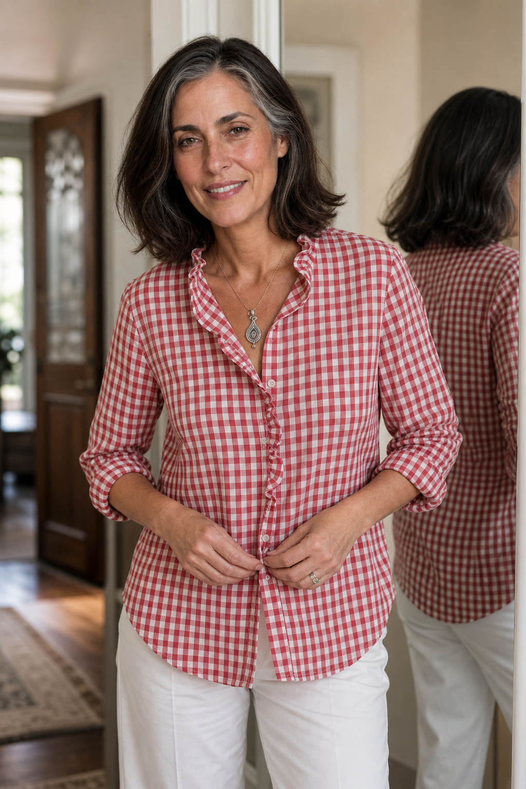 Ruffle Collar Blouse with Relaxed Fit and Checked Pattern - Image 6