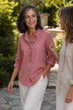 Ruffle Collar Blouse with Relaxed Fit and Checked Pattern - Image 7