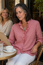 Ruffle Collar Blouse with Relaxed Fit and Checked Pattern - Image 8