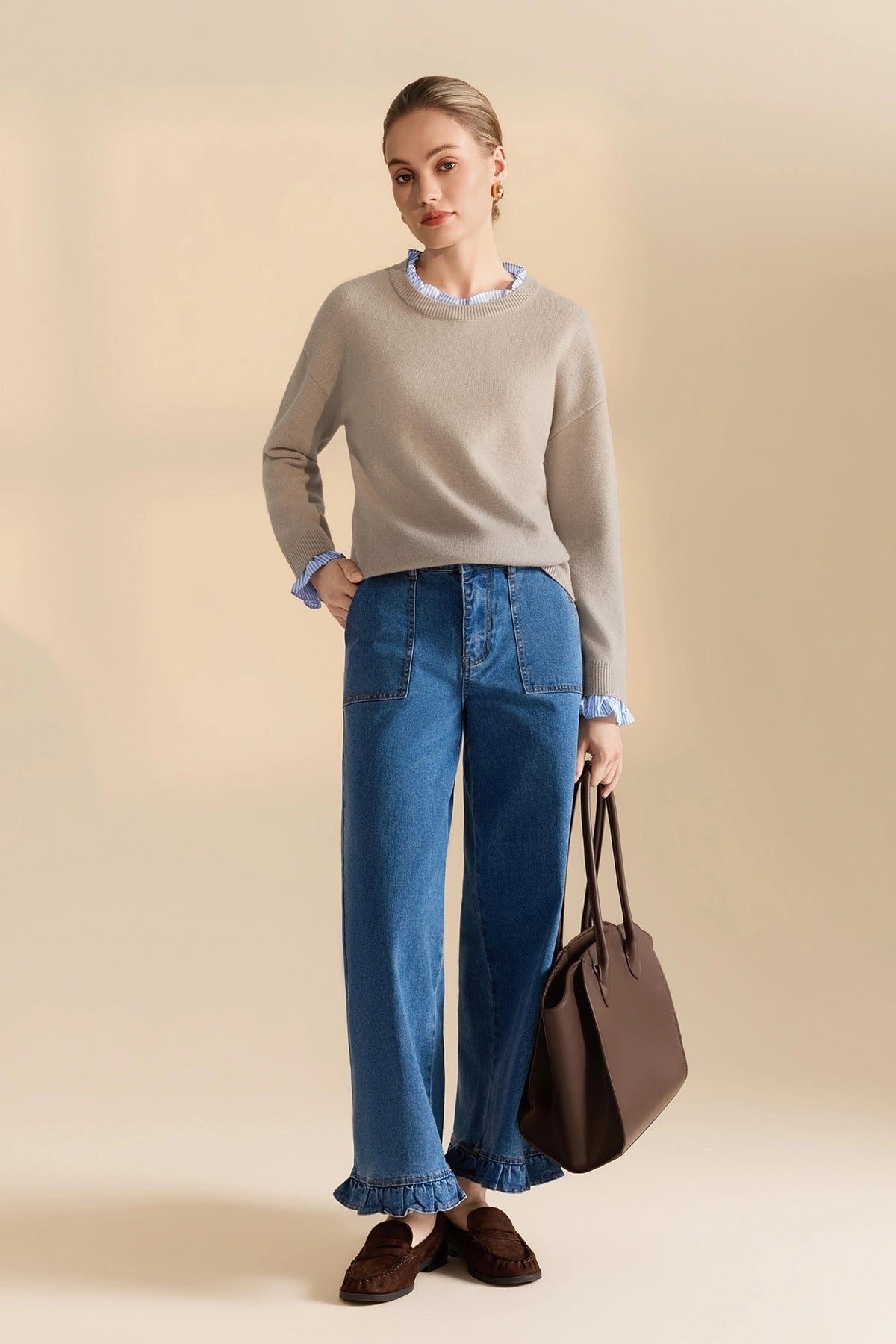 Ruffle Sweater with Stretch Knit Fabric and Ruffled Collar - Image 2