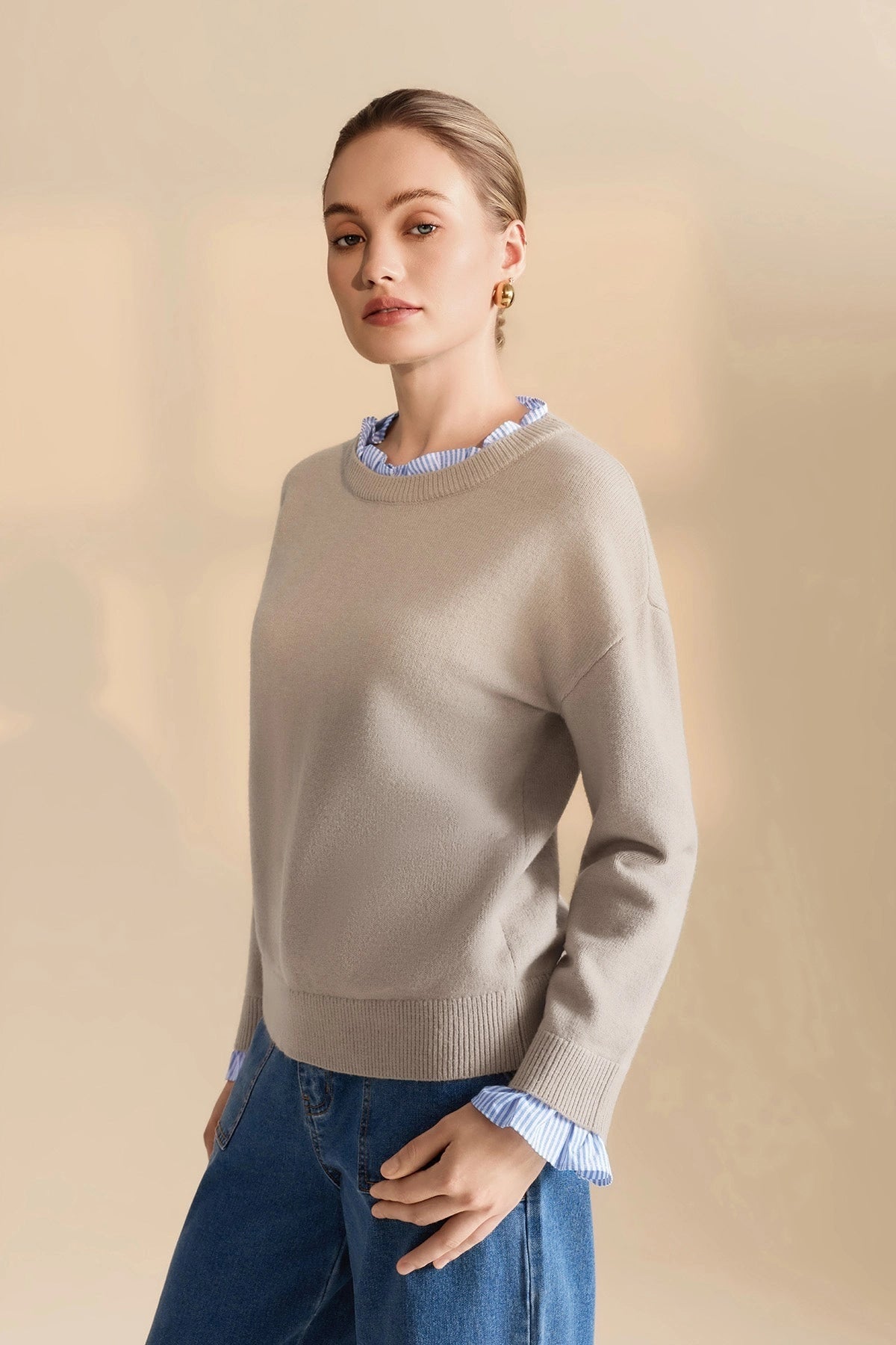 Ruffle Sweater with Stretch Knit Fabric and Ruffled Collar - Image 3
