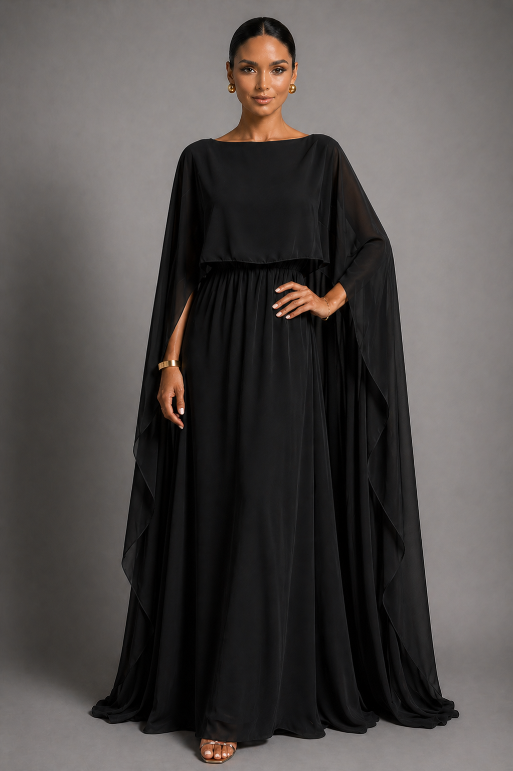 NOVA | Women's Satin Blend Maxi Dress | Luxury Evening Gown with Cape Sleeves & Flowing Silhouette