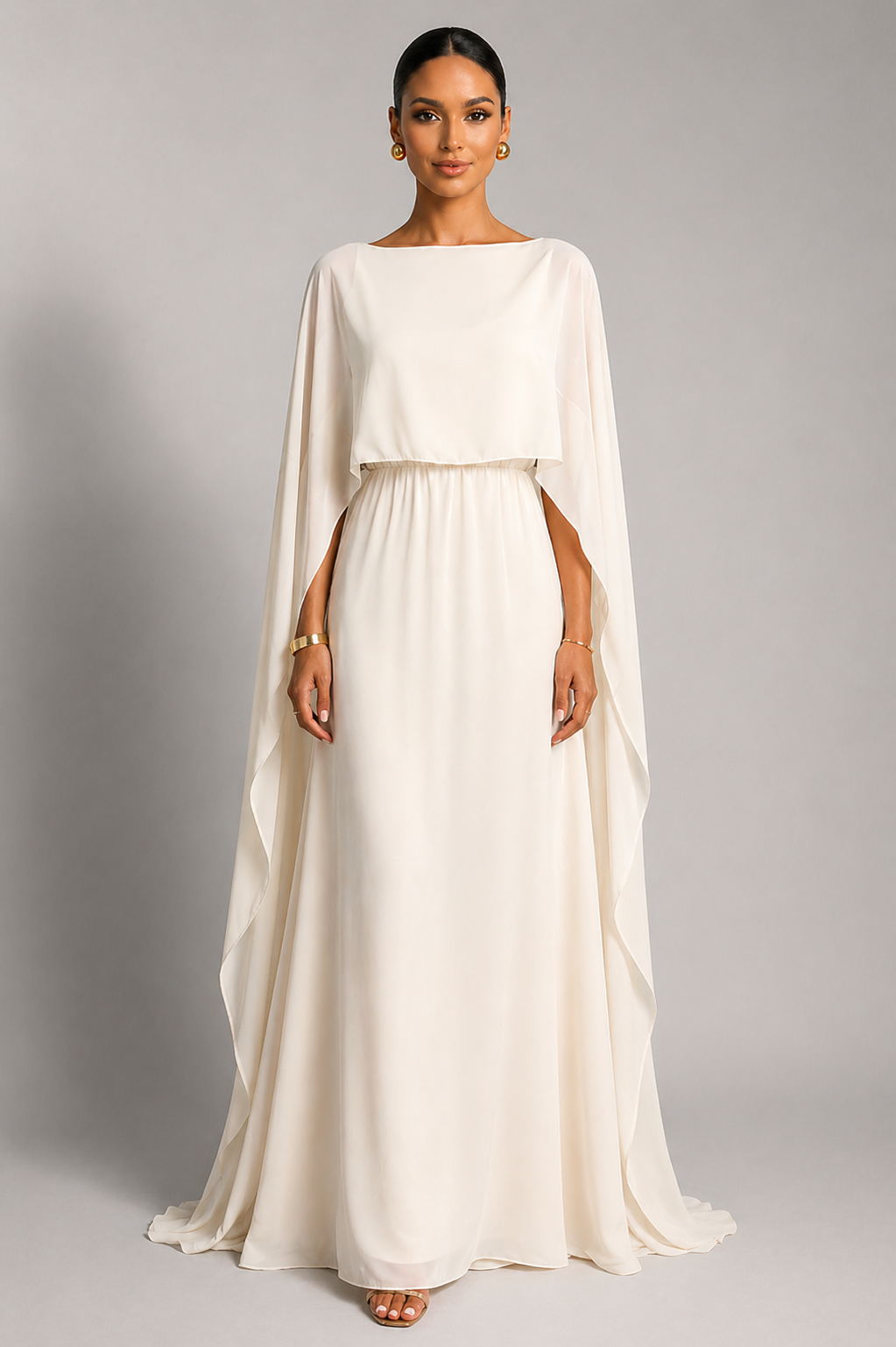 NOVA | Women's Satin Blend Maxi Dress | Luxury Evening Gown with Cape Sleeves & Flowing Silhouette