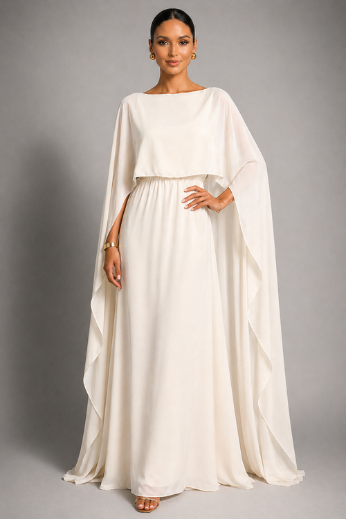 NOVA | Women's Satin Blend Maxi Dress | Luxury Evening Gown with Cape Sleeves & Flowing Silhouette