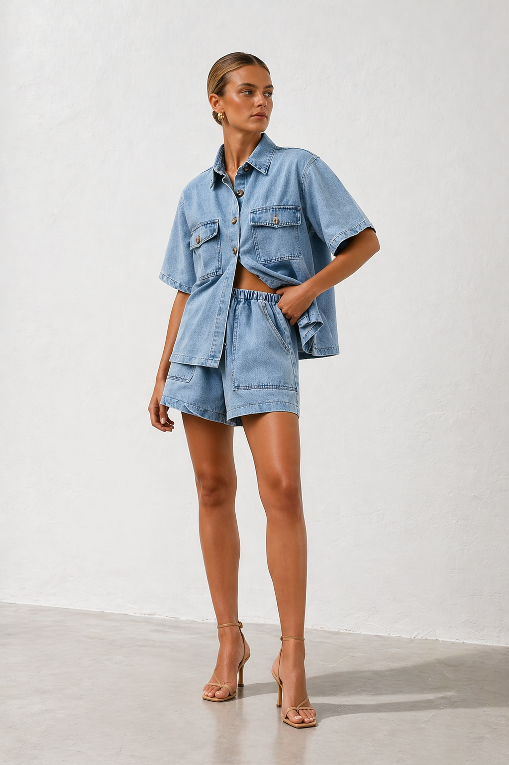 NOA | Women’s Denim  Two Piece Set | Shirt & High-Waist Shorts