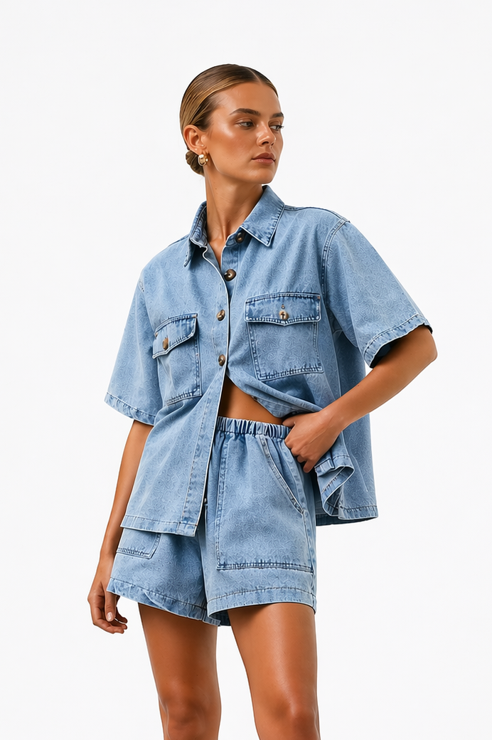 NOA | Women’s Denim  Two Piece Set | Shirt & High-Waist Shorts