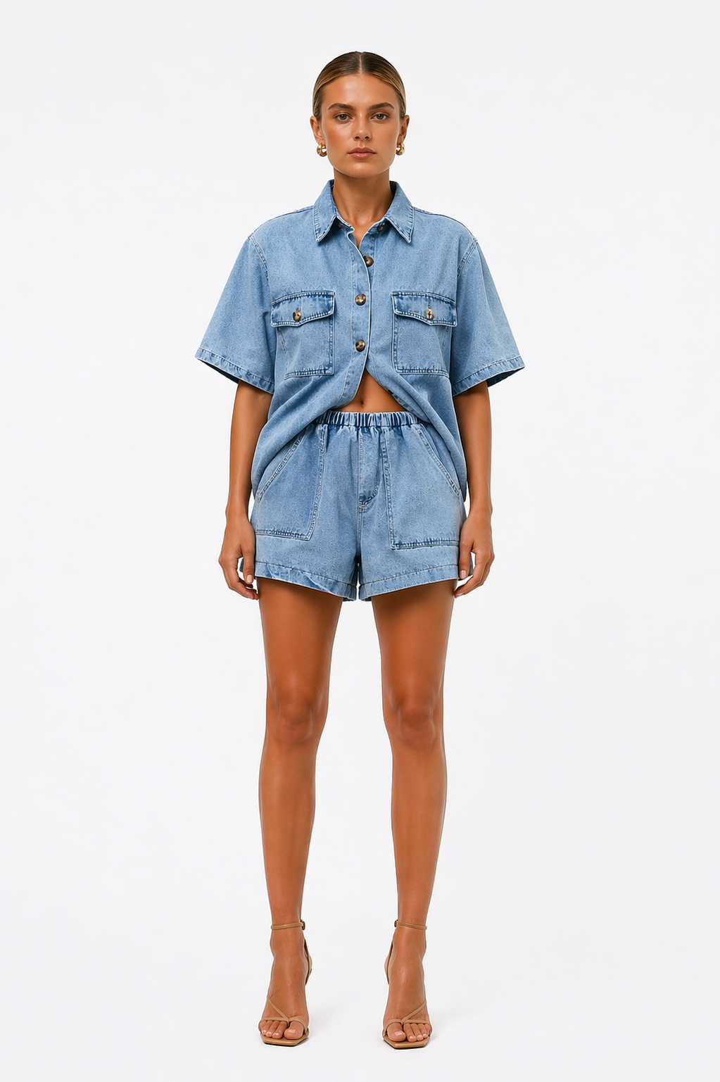 NOA | Women’s Denim  Two Piece Set | Shirt & High-Waist Shorts