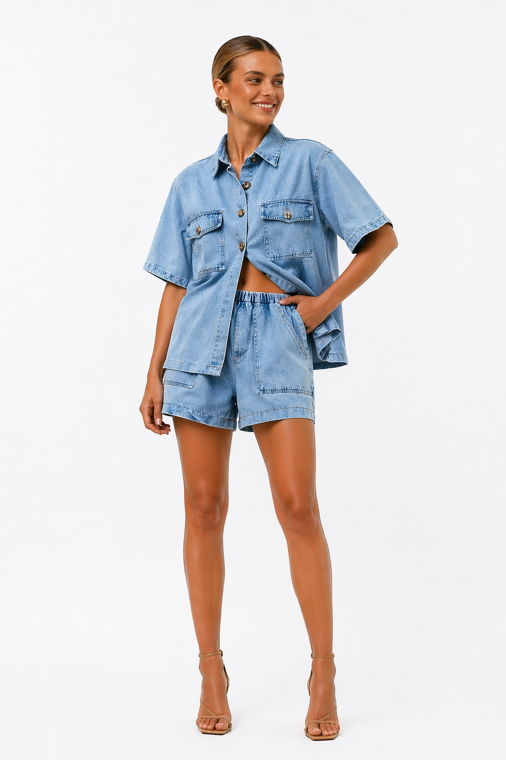 NOA | Women’s Denim  Two Piece Set | Shirt & High-Waist Shorts