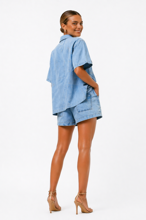 NOA | Women’s Denim  Two Piece Set | Shirt & High-Waist Shorts