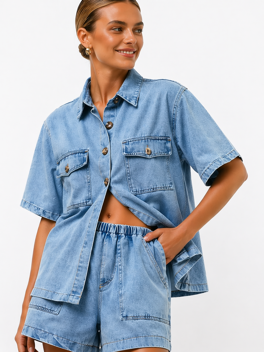 NOA | Women’s Denim  Two Piece Set | Shirt & High-Waist Shorts
