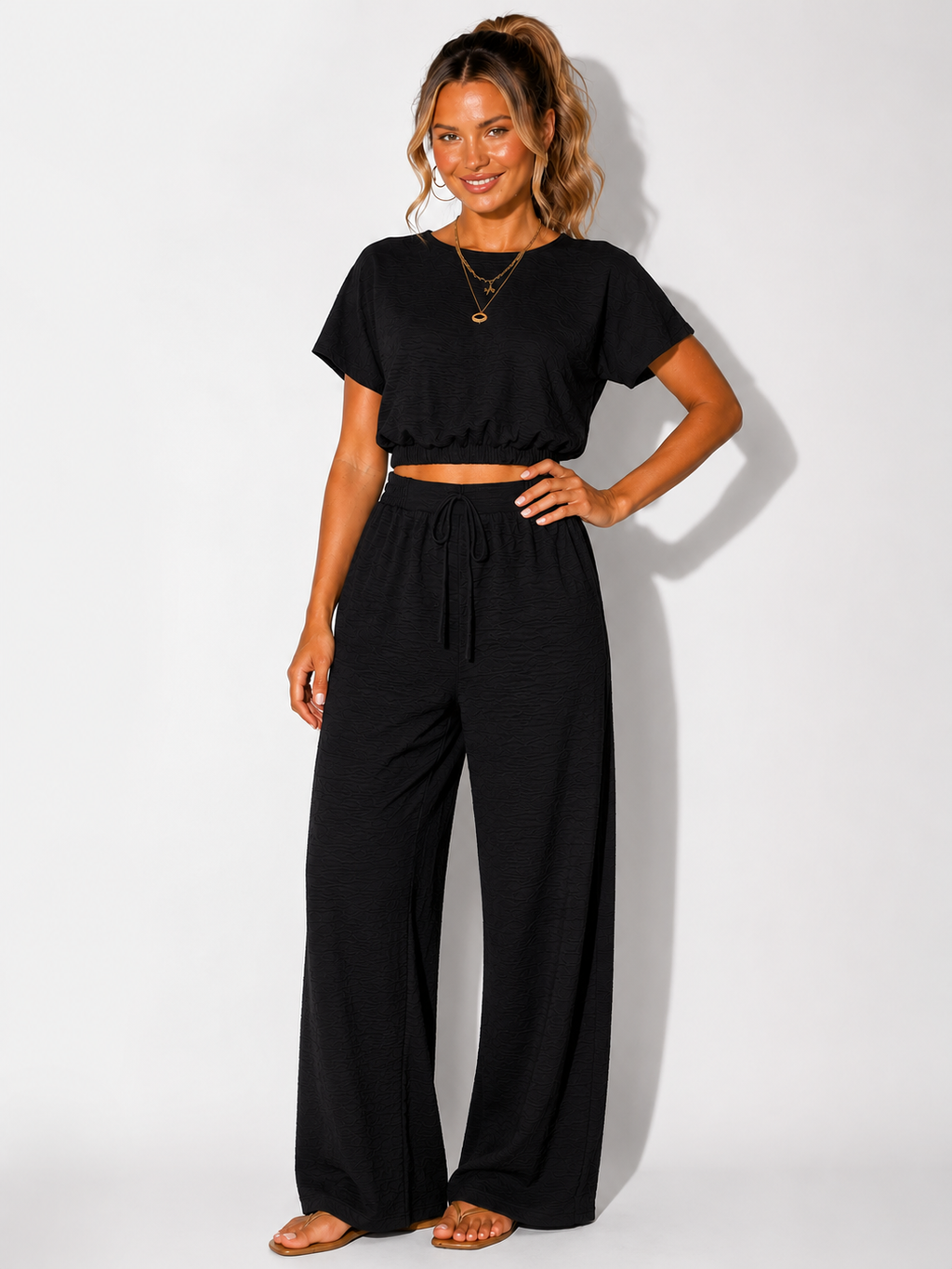 NOVA | Women's Two Piece Lounge Set Linen | Crop Top & Wide Leg Trousers Summer Co-Ord Outfit